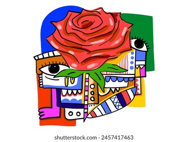Abstract rose face line art portrait hand drawn decorative wall art vector illustration, card, cover, poster, print design.