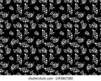 Abstract rose flower pattern with leaves and black background