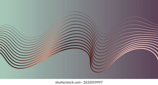 Abstract Rose Gold Wave Design Background. A captivating abstract background featuring multiple, overlapping, rose gold wavy lines on a soft gradient of muted gray-purple to mint green.