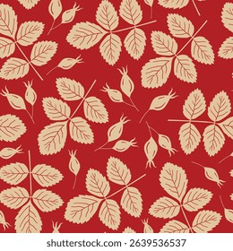Abstract rose hip berries vector seamless pattern in beige color on dark red background
