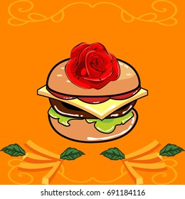 Abstract rose on a burger and some fries with rose leaf.