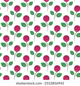 Abstract Rose on stem with leaves Seamless Pattern in trendy bright marker colors. Spring background