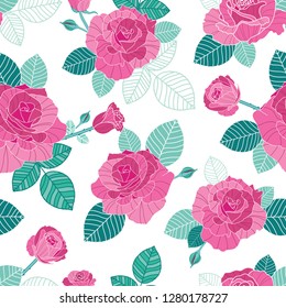 Abstract rose seamless pattern, hand-drawn illustration in vibrant color. Rose and floral elements, perfect for printing in textile, fabric, apparel, stationery and card.