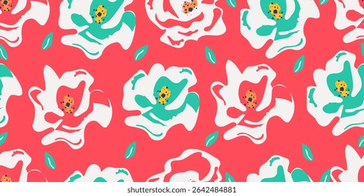 Abstract rose seamless pattern with vertical style. Modern foliage print design for fabric, textiles, clothing, packaging, cover, banner, home decor and backgrounds. Vector illustrations.