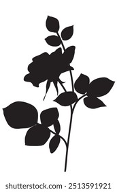 Abstract rose silhouette. Decorative black flower with stem and leaves isolated on white. Vector illustration