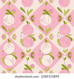 Abstract rose vector seamless pattern with rhombus shapes, offering a blend of elegance and geometric symmetry. Perfect for various design projects such as card, poster, textiles, wallpapers