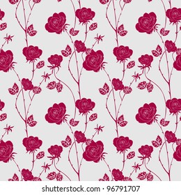 Abstract roses background, vintage seamless pattern, vector wallpaper, retro fabric and wrapping with graphic red roses and leafs, summer, spring style for decoration and design