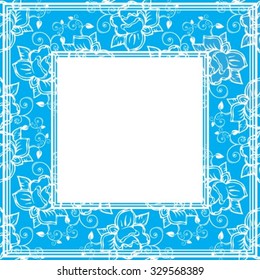 Abstract roses border on a blue background.