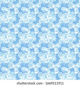 abstract roses drawn in light blue and dark blue colors on a light color, vector seamless pattern