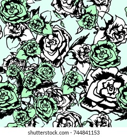 Abstract roses pattern floral background black ink vector silhouette. Vector outlines flowers repeat pastel green colour.