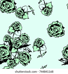 Abstract roses pattern floral background black ink vector silhouette. Vector outlines flowers repeat pastel green colour.
