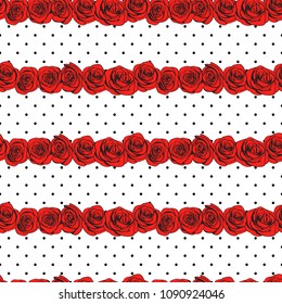 Abstract roses polka dot seamless pattern. Red rose flowers line borders isolated on monochrome doted background texture. Vector illustration