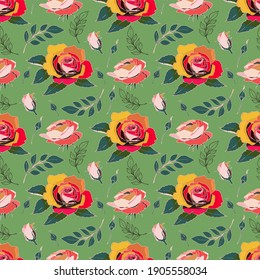 Abstract roses seamless pattern isolated on green background. Pastel colour design.
