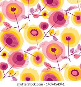 Abstract roses seamless pattern. Vintage hand drawn blooming plants on white background. Minimalist blossom with dots and lines backdrop textile print. Retro floral wallpaper, wrapping paper, texture