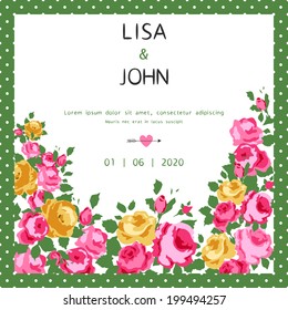Abstract roses shabby chic background with space for text. Wedding, birthday, celebration card template.
