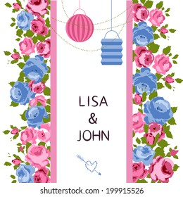 Abstract roses shabby chic background with space for text. Wedding, birthday, celebration card template.