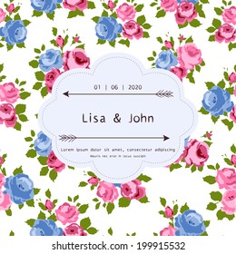 Abstract roses shabby chic background with space for text. Wedding, birthday, celebration card template.