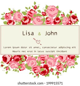 Abstract roses shabby chic background with space for text. Wedding, birthday, celebration card template.