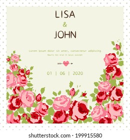 Abstract roses shabby chic background with space for text. Wedding, birthday, celebration card template.