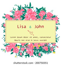 Abstract roses shabby chic background with space for text. Wedding, birthday, celebration card template.