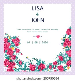 Abstract roses shabby chic background with space for text. Wedding, birthday, celebration card template.