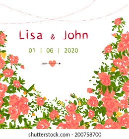 Abstract roses shabby chic background with space for text. Wedding, birthday, celebration card template.