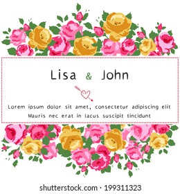 Abstract roses shabby-chic background with space for text. Wedding, birthday, celebration card template.