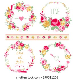 Abstract roses shabby-chic wreath with space for text. Wedding, birthday, celebration card template.