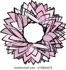 Abstract rosette. Black outline pink petals. Place for text. Round frame for the inscription.
