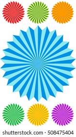 Abstract rosette, starburst or badge like geometric shape in 7 color