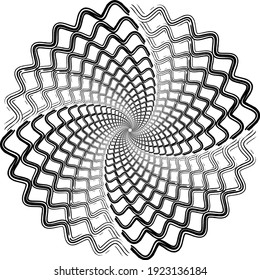 Abstrakte rotierte schwarze Linien in Kreisform auf weißem Hintergrund. Geometrische Kunst. Design-Element. Digitales Bild mit psychedelischen Streifen. Vektorgrafik