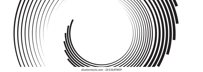 Abstract rotated black lines in circle form. Geometric art. Monochrome background. Design element for frame, web, logo, prints, template, presentation end textile pattern
