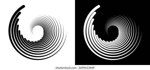 Abstract rotated lines in circle form as background. Design element for prints, logo, sign, symbol and icon. A black figure on a white background and an equally white figure on the black side.