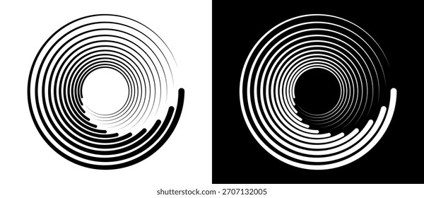 Abstract rotated lines in circle form as background. Design element for prints, logo, sign, symbol and icon. A black figure on a white background and an equally white figure on the black side.