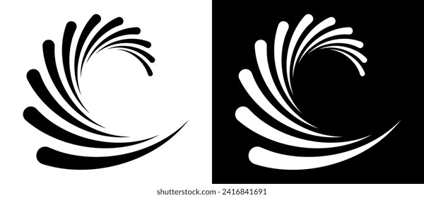 Resumen de líneas rotadas en espiral como fondo. Elemento de diseño para impresiones, logotipo, signo, símbolo. Forma negra sobre un fondo blanco y la misma forma blanca sobre el lado negro.