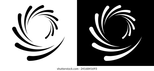 Abstract rotated lines in spiral as background. Design element for prints, logo, sign, symbol. Black shape on a white background and the same white shape on the black side.