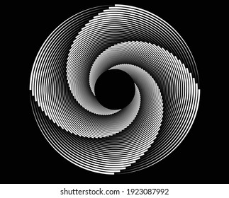 Abstrakte rotierte weiße Linien in Kreisform auf schwarzem Hintergrund. Geometrische Kunst. Design-Element. Digitales Bild mit psychedelischen Streifen. Vektorgrafik