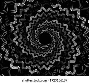  Abstract rotated white lines in circle form on black background. Geometric art. Design element. Digital image with a psychedelic stripes. Vector illustration
