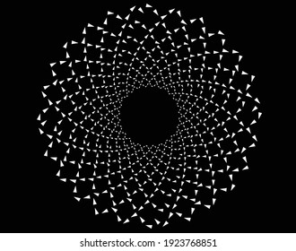 Abstract rotated white lines in circle form on black background. Geometric art. Design element. Digital image with a psychedelic stripes. Vector illustration