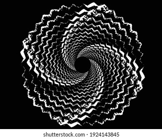 Resumen de líneas blancas rotadas en forma de círculo sobre fondo negro. Arte geométrico. Elemento de diseño. Imagen digital con franjas psicodélicas. Ilustración del vector