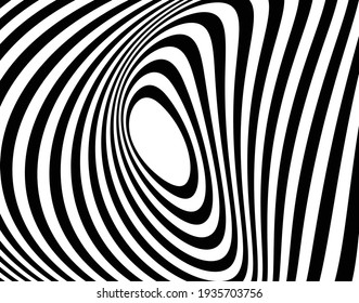 Abstract rotated white lines in circle form on black background. Geometric art. Design element. Digital image with a psychedelic stripes. Vector illustration 