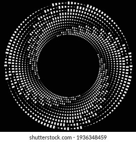 Abstrakte rotierte weiße Linien in Kreisform auf schwarzem Hintergrund. Geometrische Kunst. Design-Element. Digitales Bild mit psychedelischen Streifen. Vektorgrafik