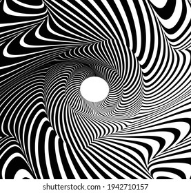 Resumen de líneas blancas rotadas en forma de círculo sobre fondo negro. Arte geométrico. Elemento de diseño. Imagen digital con franjas psicodélicas. Ilustración del vector