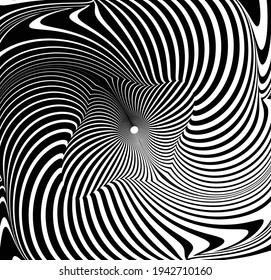 Abstract rotated white lines in circle form on black background. Geometric art. Design element. Digital image with a psychedelic stripes. Vector illustration