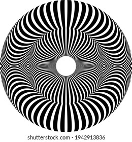 Abstract rotated white lines in circle form on black background. Geometric art. Design element. Digital image with a psychedelic stripes. Vector illustration