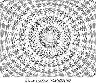 Abstract rotated white lines in circle form on black background. Geometric art. Design element. Digital image with a psychedelic stripes. Vector illustration zig zag