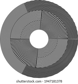 Abstrakte rotierte weiße Linien in Kreisform auf schwarzem Hintergrund. Geometrische Kunst. Design-Element. Digitales Bild mit psychedelischen Streifen. Vektorgrafik
