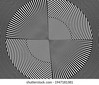 Abstract rotated white lines in circle form on black background. Geometric art. Design element. Digital image with a psychedelic stripes. Vector illustration
