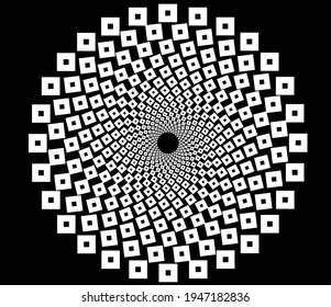 Resumen de líneas blancas rotadas en forma de círculo sobre fondo negro. Arte geométrico. Elemento de diseño. Imagen digital con franjas psicodélicas. Ilustración de vectores