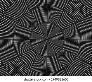 Abstract rotated white lines in circle form on black background. Geometric art. Design element. Digital image with a psychedelic stripes. Vector illustration